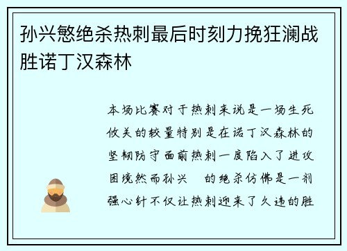 孙兴慜绝杀热刺最后时刻力挽狂澜战胜诺丁汉森林 孙兴慜绝杀热刺最后时刻力挽狂澜战胜诺丁汉森林